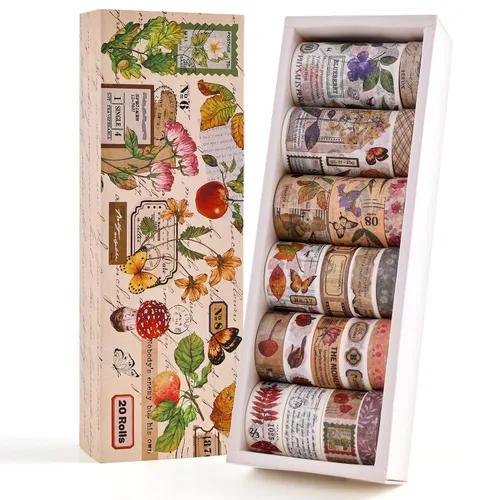 20 Rollos de Cinta Washi Vintage, Juego de Cintas Decorativas Escribibles con Flores, Letras, Mariposas, Hongos Botánicos para Álbum de Recortes,