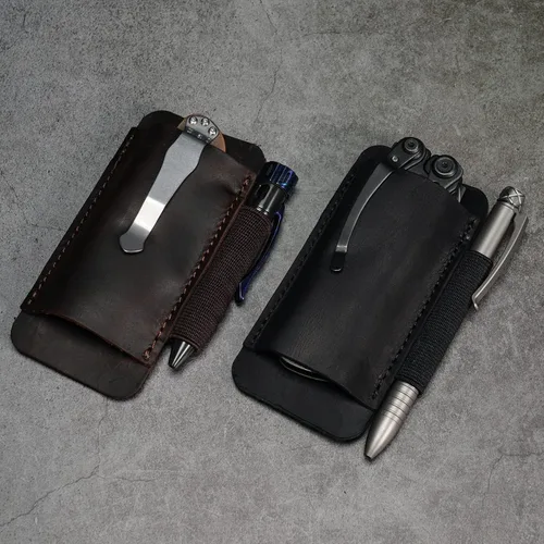 Miniatura 8 de Funda de cuchillo de cuero VIPERADE PJ33 para cinturón, funda de navaja de bolsillo horizontal con soporte elástico para bolígrafos, funda de Marrón