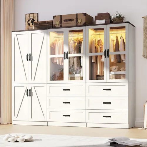 Miniatura 25 de Hlivelood Armario Ropero Estilo Granja de 75" de Alto con 2 Puertas con LED, Armario Independiente para Dormitorio con Barra para Colgar, Gabinete
