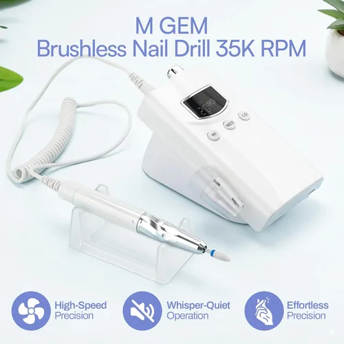 Miniatura 5 de M GEM - Taladro de uñas sin escobillas de 35 K RPM, máquina profesional inalámbrica Efile Lima de uñas eléctrica recargable con puntas Blanco