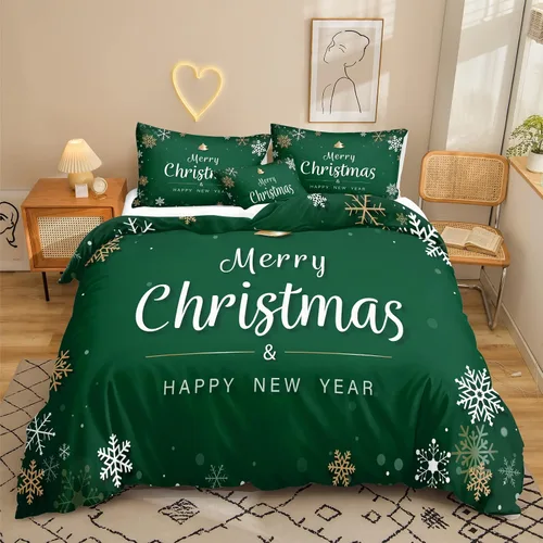 Miniatura 45 de Juego de ropa de cama de Navidad con funda de edredón de copos de nieve, color blanco y rojo, con estampado navideño, juego de ropa de cama festiva