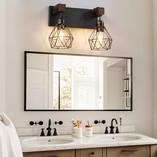 Miniatura 2 de Lámpara de tocador estilo casa de campo para baño, luminarias de tocador de baño de 2 luces negra dorada de madera sobre espejo, apliques rústicos