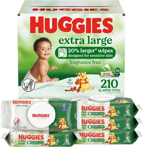 Toallitas para bebé Huggies Extra Large, sin fragancia, 5 paquetes con tapa abatible, 210 toallitas XL en total, el empaque puede variar