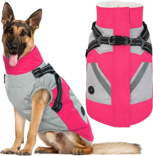 Miniatura 10 de IECOii Chaqueta para perro con arnés de invierno integrado, color negro, XXXL, abrigo de perro con cremallera, ropa de invierno para perros grandes