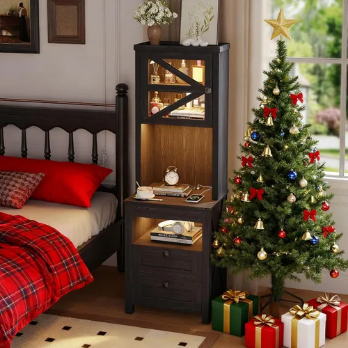 Miniatura 11 de HWB Mesita de noche alta con estación de carga y luces LED, mesita de noche de estilo granja con cajón para armas y estante ajustable, mesa de noche