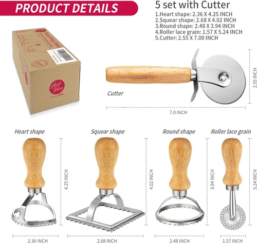 Miniatura 6 de ARTPICO - Juego de 5 ruedas para hacer pasta, mango de madera, borde acanalado para ravioles, cortador de prensa de pastelería, lasaña, Pierogi
