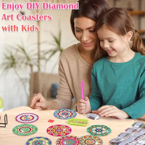 Miniatura 6 de Billbotk Juego de 8 posavasos de pintura de diamantes con soporte, posavasos de arte de diamante, artes y manualidades para adultos, pequeños kits