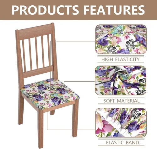 Miniatura 2 de Juego de 4 fundas elásticas para sillas de comedor, fundas para sillas de comedor con estampado floral, fundas para asientos de sillas con estampado