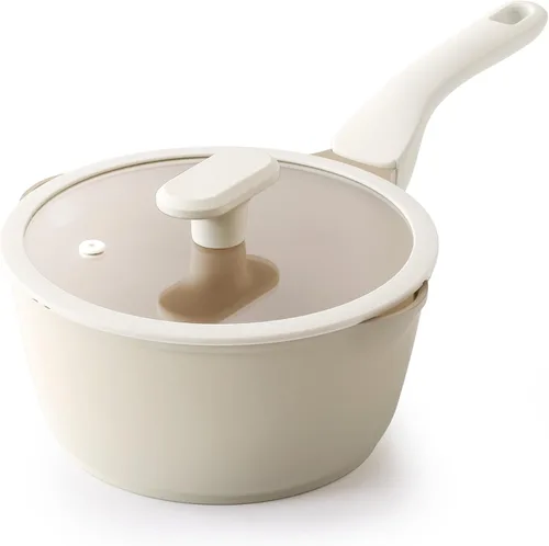 Miniatura 12 de PRICUSIS Cacerola antiadherente de cerámica con tapa, olla no tóxica de 1.3 cuartos de galón con boquillas de vertido, totalmente revestida, 100%