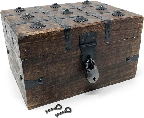 Miniatura 12 de Nautical Cove - Cofre del tesoro de madera con cerradura de hierro antigua y llave de esqueleto (XS, 5 x 3 x 2) - Almacenamiento y decoración