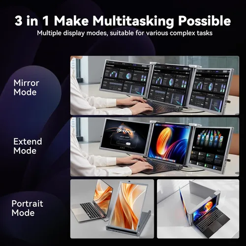 Miniatura 6 de Extensión de pantalla para laptop, Ladomi - Monitor portátil triple de 14" FHD 1080P IPS, extensión de monitor para laptop con rotación de 315°