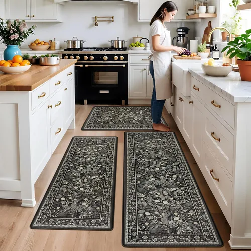 Miniatura 8 de Homcomoda Alfombras y tapetes de cocina antideslizantes y antifatiga, 2 piezas, bohemios, acolchados, impermeables, cómodos, para cocina, fregadero