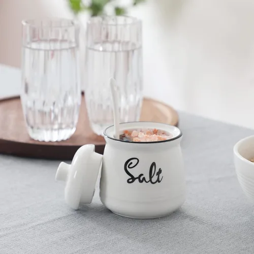 Miniatura 4 de Cuenco de sal de porcelana con tapa y cuchara de 12 onzas, fácil de limpiar (blanco)