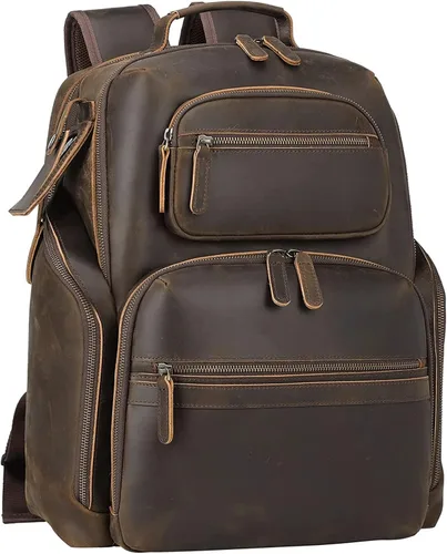 TIDING Mochila para portátil de cuero vintage de 15.6 pulgadas para hombre, con múltiples bolsillos, mochila de viaje para negocios