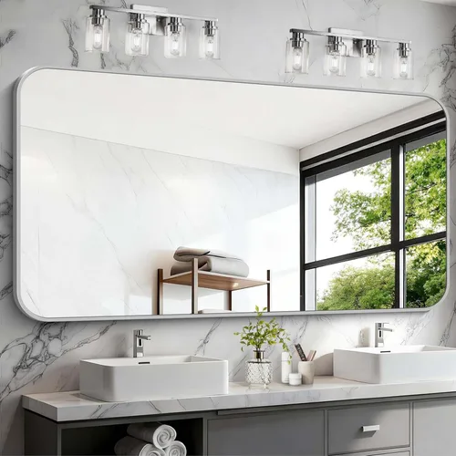 Miniatura 18 de Espejo de baño de 18 x 24 pulgadas con marco de metal negro rectangular, espejo de tocador rectangular de esquinas redondeadas, espejo de pared