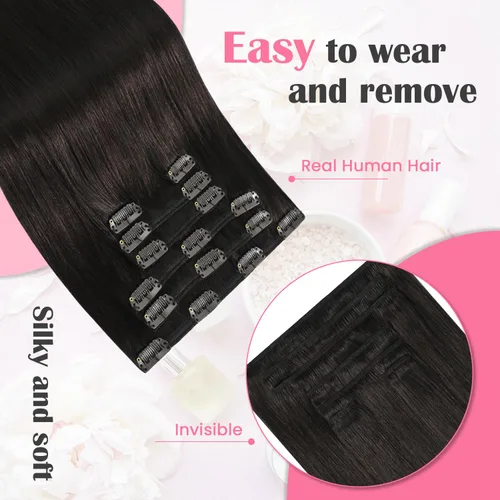 Miniatura 2 de Aison Extensiones de cabello humano real con clip, color marrón oscuro, 2.47 onzas, cabello humano Remy, 12 pulgadas, para mujeres, 7 unidades, 16