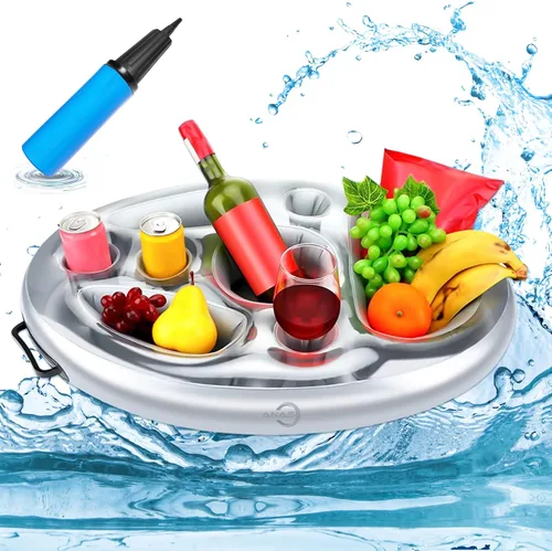 Soporte inflable flotante para bebidas para piscina, la mesa de bandeja tiene portavasos y latas de bebidas con cuenco de aperitivos, PVC duradero