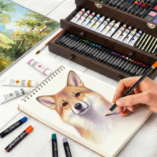 Miniatura 3 de Juego de 175 piezas de arte de madera de lujo con 2 almohadillas de dibujo, pinturas acrílicas, lápices de colores, lápices de colores, pincel, kit