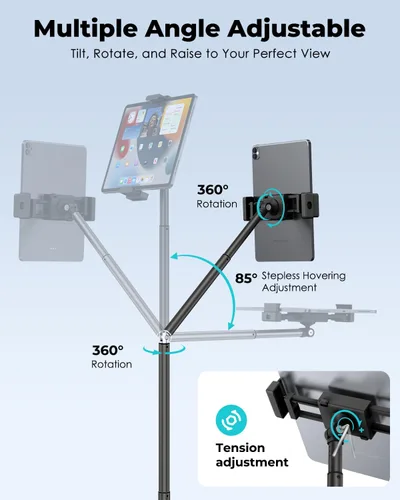 Miniatura 3 de Viozon Soporte de suelo para tableta, soporte ajustable en altura y ángulo para tablet con tubo de brazo de aleación de aluminio, rotación de 360°