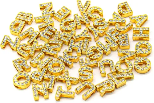 AUEAR, Paquete de 52 dijes dorados A-Z de 0.315 pulgadas con diamantes de imitación completos de cristal del alfabeto de aleación para pulseras,