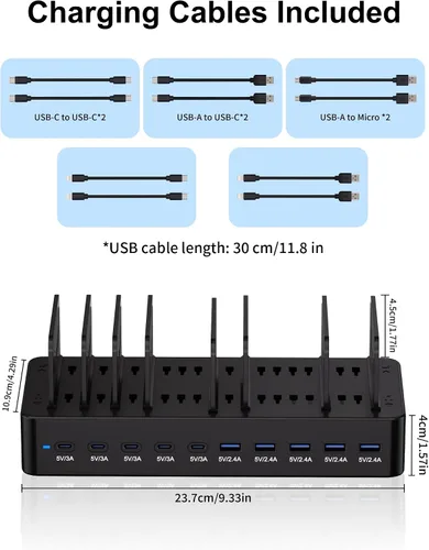 Miniatura 8 de Estación de carga de 100 W para múltiples dispositivos, estación de carga rápida USB de 10 puertos con divisores ajustables y 10 cables, base
