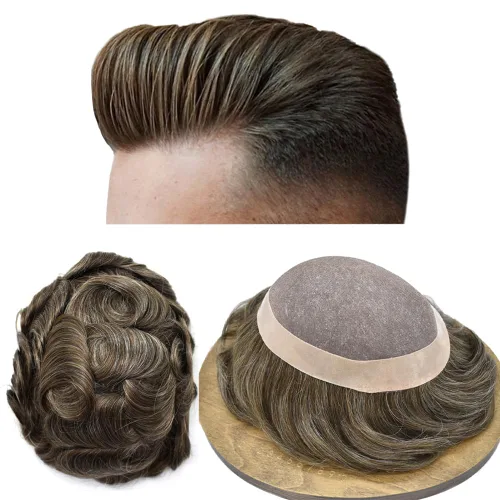 Miniatura 8 de Toupee Pieza de pelo para hombres Sistema de reemplazo de cabello Cabello humano real Mono Toupee fino para hombres Piezas de pelo Hombres Toupee