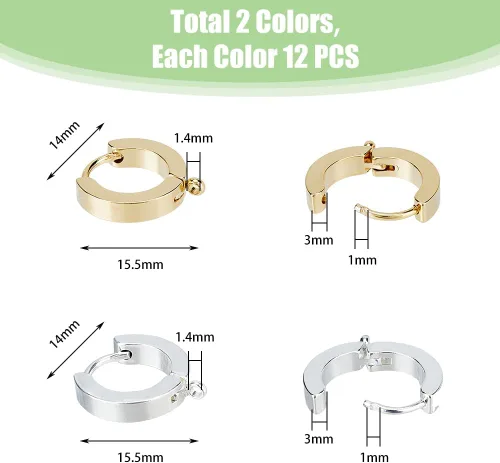 Miniatura 2 de DICOSMETIC 24 aretes Huggie con bucle, 2 colores, redondos, ganchos, aretes de acero inoxidable, para hacer joyas, agujero: 0.055 in, pin: 0.039 in