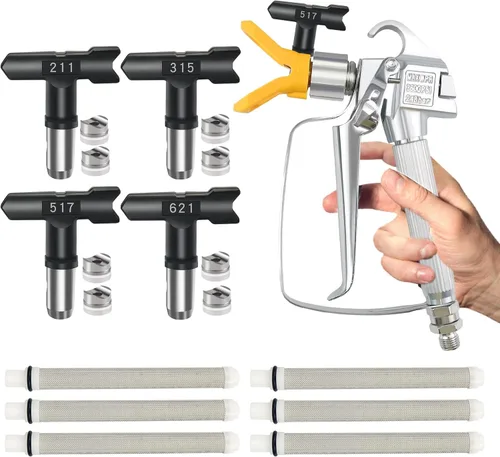 Pistola de pintura sin aire con protector de punta y 4 puntas de pulverización reversibles y 6 filtros de pistola pulverizadora, accesorios de