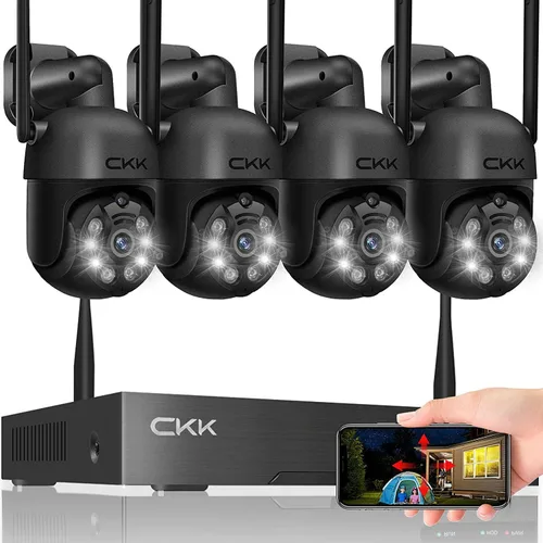 Sistema de cámara de seguridad inalámbrica, 4 cámaras PTZ de 3MP para exteriores e interiores, sistema NVR de vigilancia WiFi CKK con proyectores y