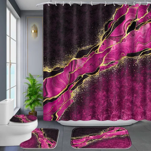 Miniatura 12 de Poedist Juego de 4 cortinas de ducha de baño con borde negro y dorado, juego de baño con cortina de ducha y alfombras