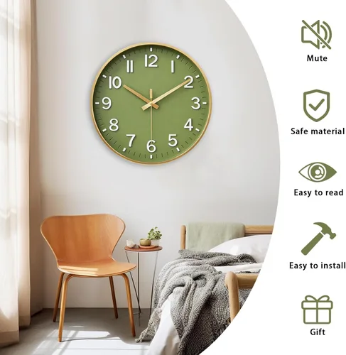 Miniatura 4 de HZDHCLH Reloj de pared con pilas, reloj de pared dorado verde, reloj de pared de 8 pulgadas, silencioso, sin tictac, números 3D modernos para Verde