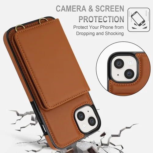 Miniatura 6 de Funda de teléfono para iPhone 13 Mini de 5.4 pulgadas con protector de pantalla, correa cruzada para muñeca, bloqueo RFID, tarjetero de crédito