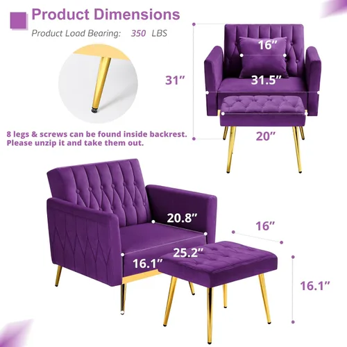 Miniatura 3 de Silla de terciopelo Accent con apoyabrazos y respaldo ajustables, sillón de ocio con botones acolchados, sillón reclinable individual con otomano