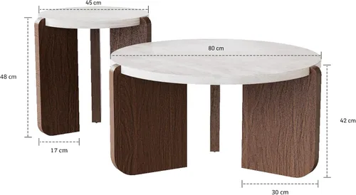 Miniatura 2 de COSIEST - Juego de mesa auxiliar redonda moderna y mesa auxiliar, tapa de madera con aspecto de mármol falso, patas de nogal y crema blanca, mesa