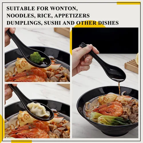 Miniatura 4 de Kyraton Juego de 24 cucharas de sopa asiática con mango largo fácil de sostener, cuchara japonesa de plástico irrompible para ramen, wonton chino