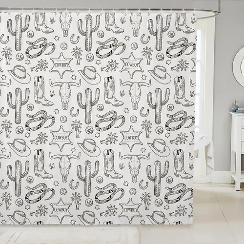 Miniatura 20 de Cortinas de ducha de vaquero occidental, cortinas de baño rústicas para niños, niñas y hombres, cortinas impermeables retro de estilo rústico con 12