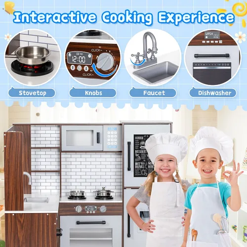 Miniatura 2 de Juego de cocina esquinera, cocina de madera con luces y sonidos, cocina grande con estufa, juguetes de cocina, microondas, horno, máquina de hielo