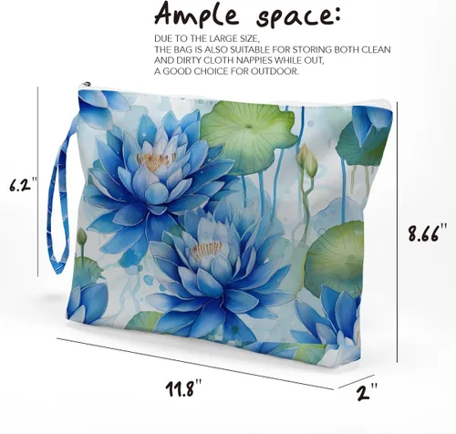 Miniatura 6 de Fokongna Bolsa húmeda con estampado floral, pequeño organizador portátil impermeable multifuncional para mujeres, lirio de agua azul, ideal para uso