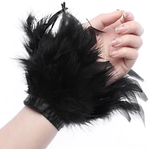 Miniatura 2 de 2 pares de puños de plumas, pulsera de plumas, anillo a presión de plumas, puños de pulsera de palmada, decoración de muñeca para mujer