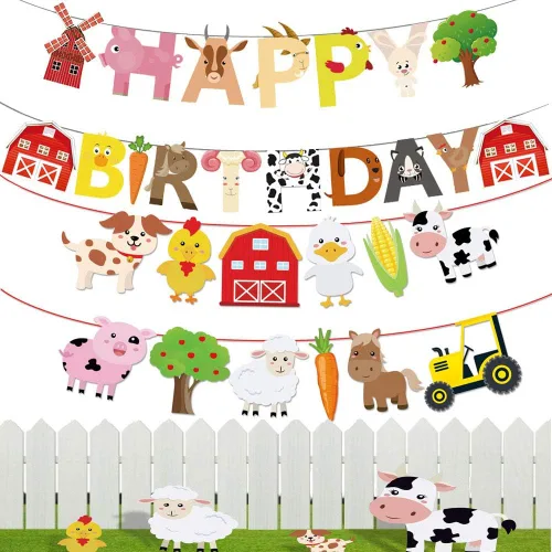 Decoración de fiesta de cumpleaños de animales de granja, pancarta de feliz cumpleaños con guirnalda de banderines de corral para niños y niñas,