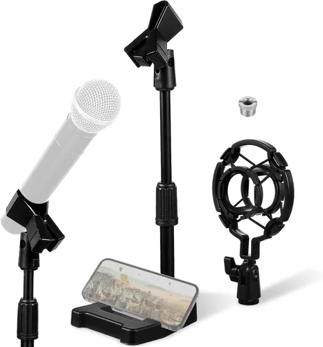 Milisten Soporte de micrófono de escritorio con soporte para teléfono, soporte de micrófono ajustable 2 en 1 con soporte de choque y adaptador,