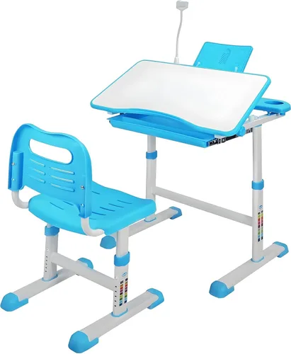 Juego de escritorio y silla ajustable para estudiantes, escritorio escolar para niños de 3 a 15 años con escritorio inclinable de dibujo/luz LED,