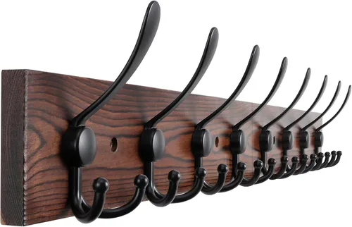 Miniatura 14 de Kuhome Perchero de madera para colgar sombreros de pared, tablón de madera real de pino de 16.9 pulgadas, color marrón, con 5 ganchos triples