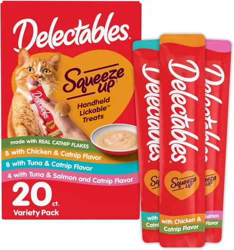 Delectables Squeeze Up - Paquete variado de hierba gatera, puré cremoso exprimible, golosinas húmedas para lamer para gatos, sin granos, sin