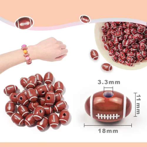 Miniatura 2 de 150 cuentas deportivas de fútbol americano para fabricación de joyas, cuentas deportivas y manualidades con 2 cordones elásticos de cristal, 2