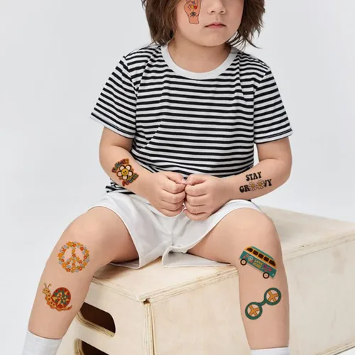 Miniatura 4 de CHARLENT Tatuajes temporales hippie para niños, 79 piezas Groovy 70s Flower Power Peace and Love Tattoos para niños y niñas, suministros de fiesta