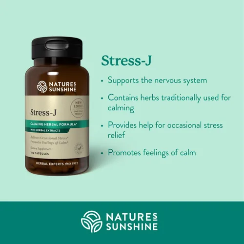 Miniatura 2 de Nature's Sunshine Stress-J, 100 cápsulas Esta fórmula natural para aliviar el estrés promueve la sensación de calma y ayuda con el estrés ocasional