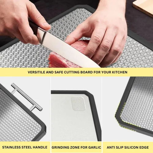 Miniatura 4 de Tabla de cortar de doble cara de acero inoxidable, tabla de cortar grande no tóxica con pajita de trigo para cocina, resistente a los arañazos, apta
