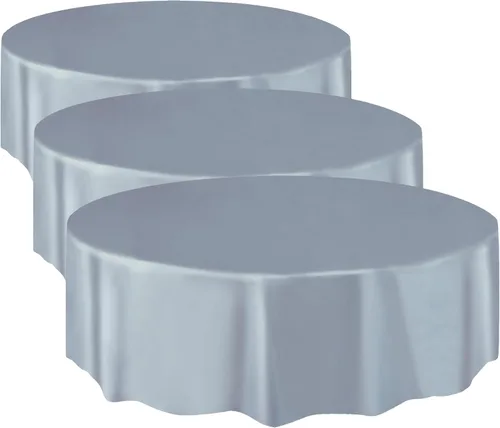 Miniatura 2 de Elegante mantel redondo de plástico sólido plateado (84 pulgadas), mantel impermeable de alta calidad, perfecto para fiestas y eventos, 1 paquete