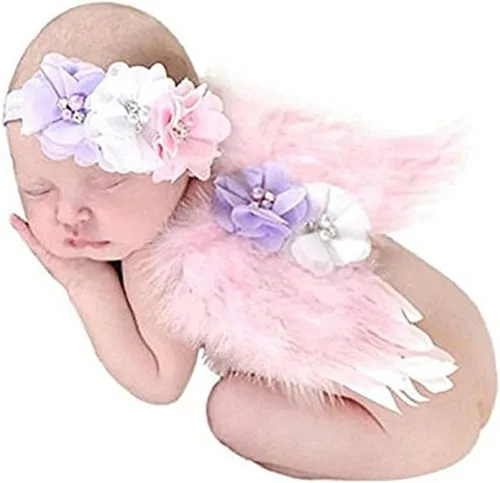Jackcell Accesorios de fotografía para recién nacidos, disfraz de alas de ángel, traje de bebé niña con diadema de flores (rosa)